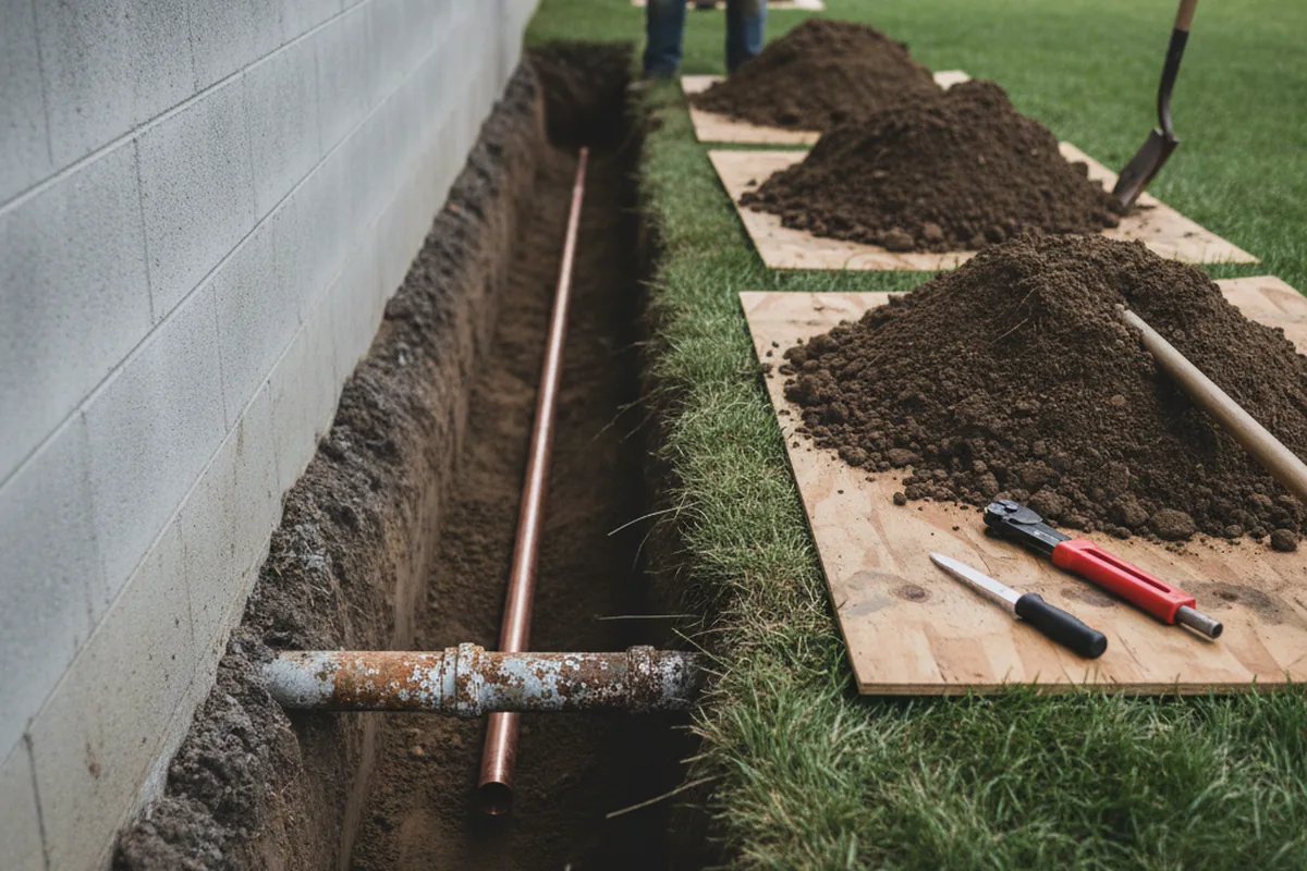 Excavated water line trench during Water Heater Repair in Linwood